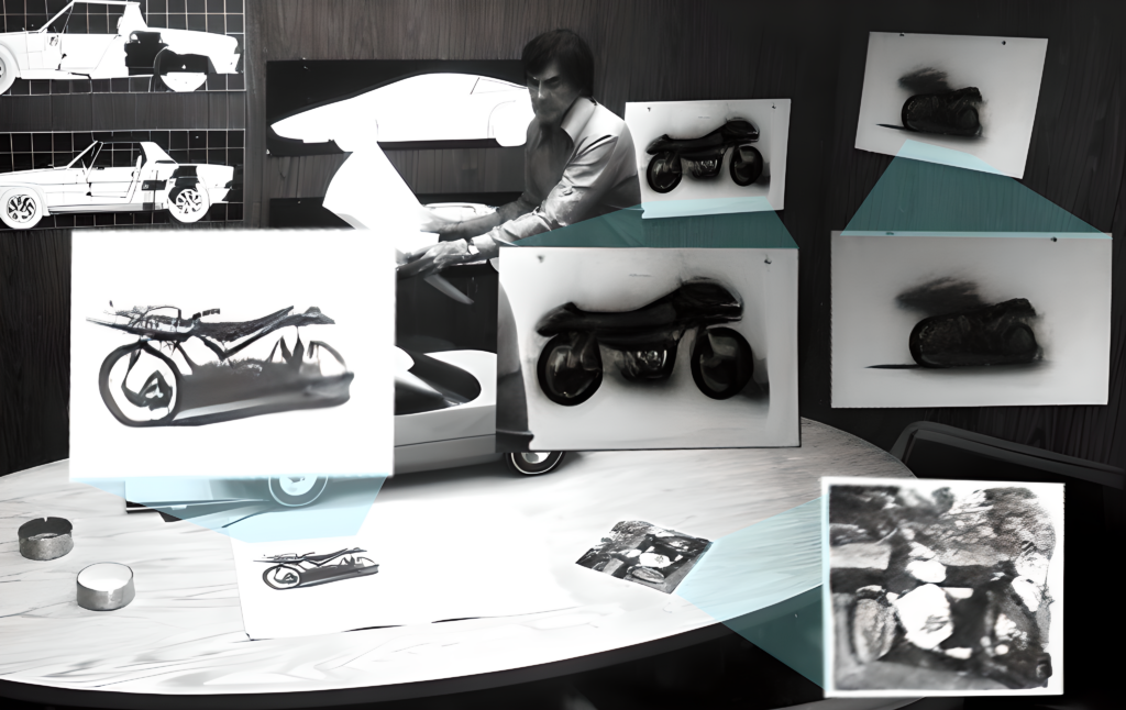 Motorcycle Sketches/Pictures/Renderings found in Early DeLorean Motor Company picture with John DeLorean