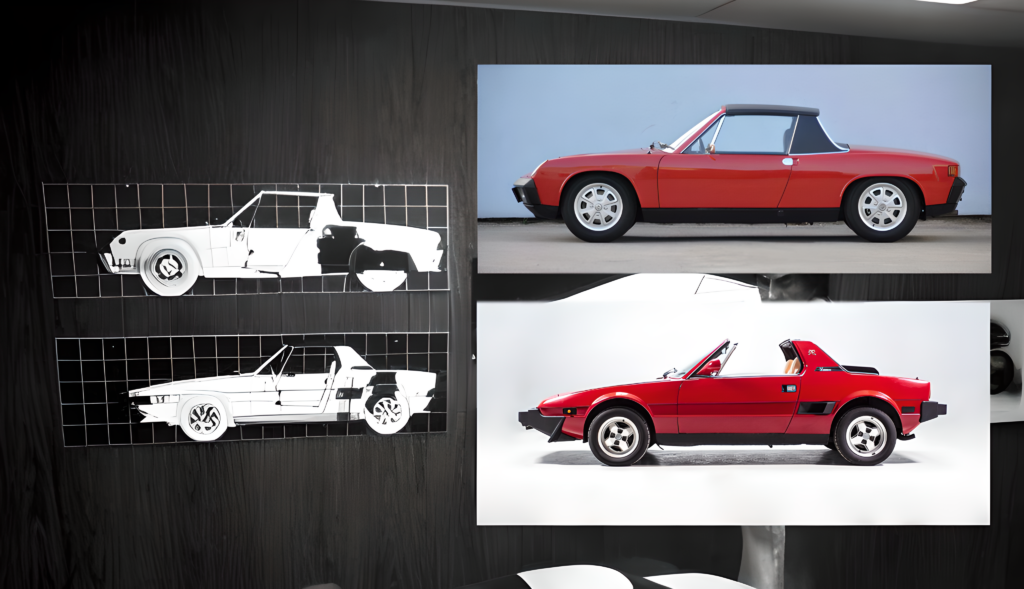 Porsche 914 and Fiat X19 side views with schematics for benchmarking by DeLorean Motor Company and John DeLorean.